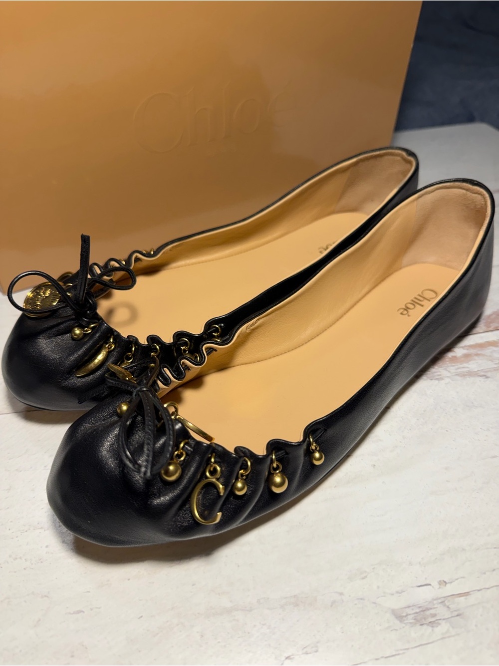 Chloe Black Leather Ballet Flats with Gold Hardware Sz40 or US9 - Picture 1 of 5